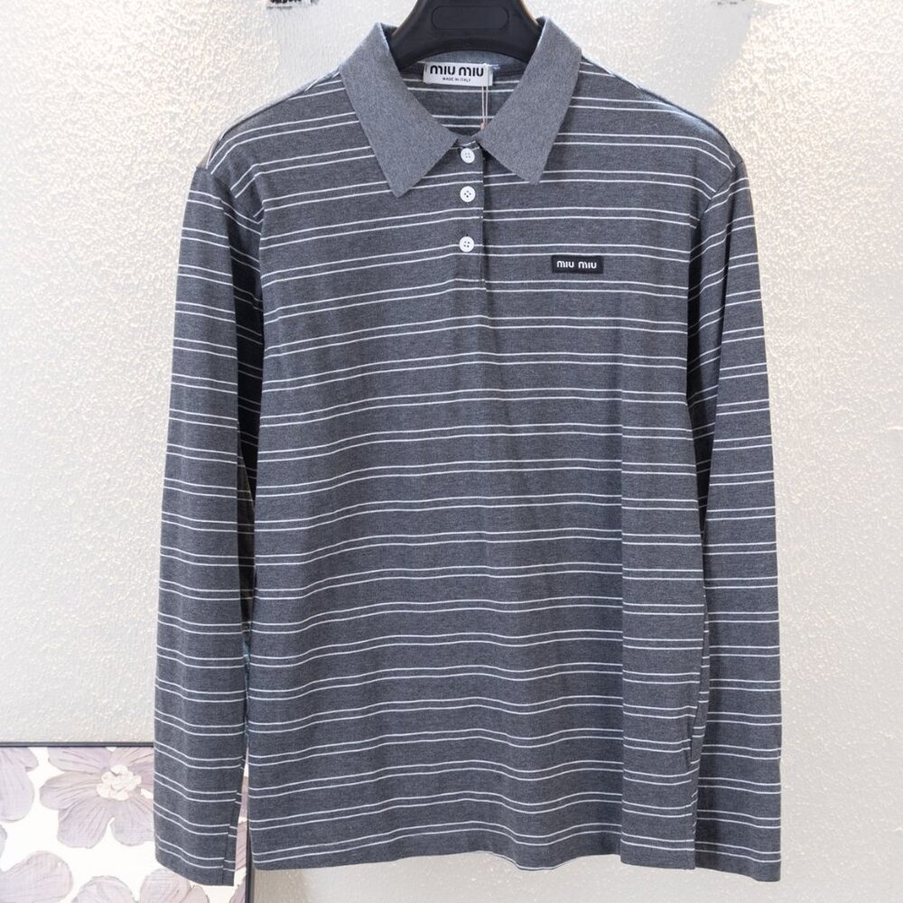 Miu Miu grey striped small logo long-sleeved T-shirt